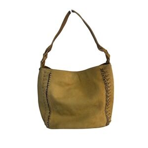 Elaine Turner Tan Suede Leather Hobo Bag Whipstitch Chain Detail Shoulder Bag